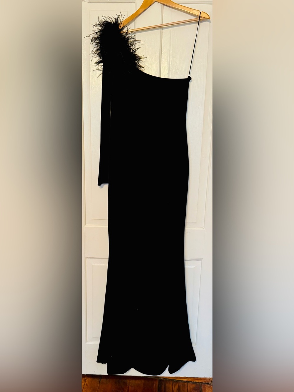 Fashion Nova Black One-Shoulder Velvet Gown with Feather Accent - Picture 9 of 9